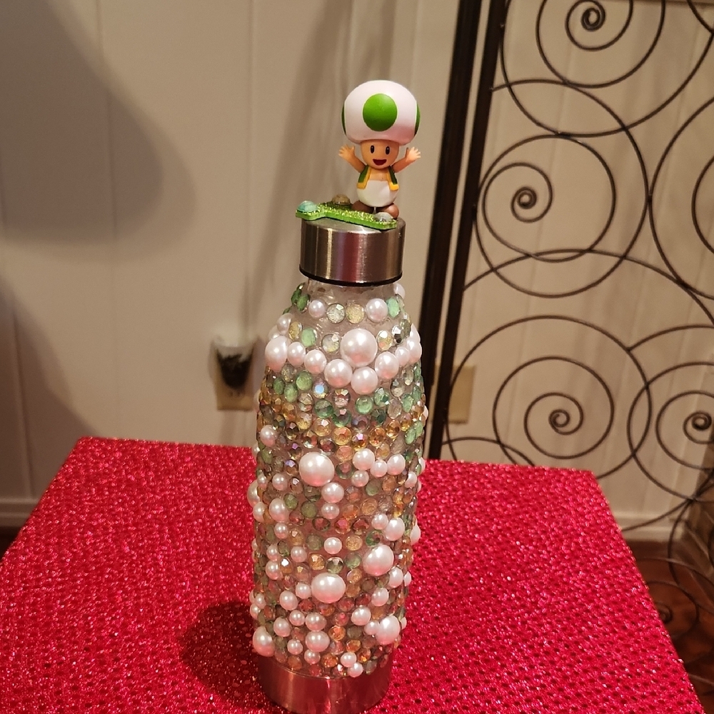Bejeweled Water Bottle with Toad Figure